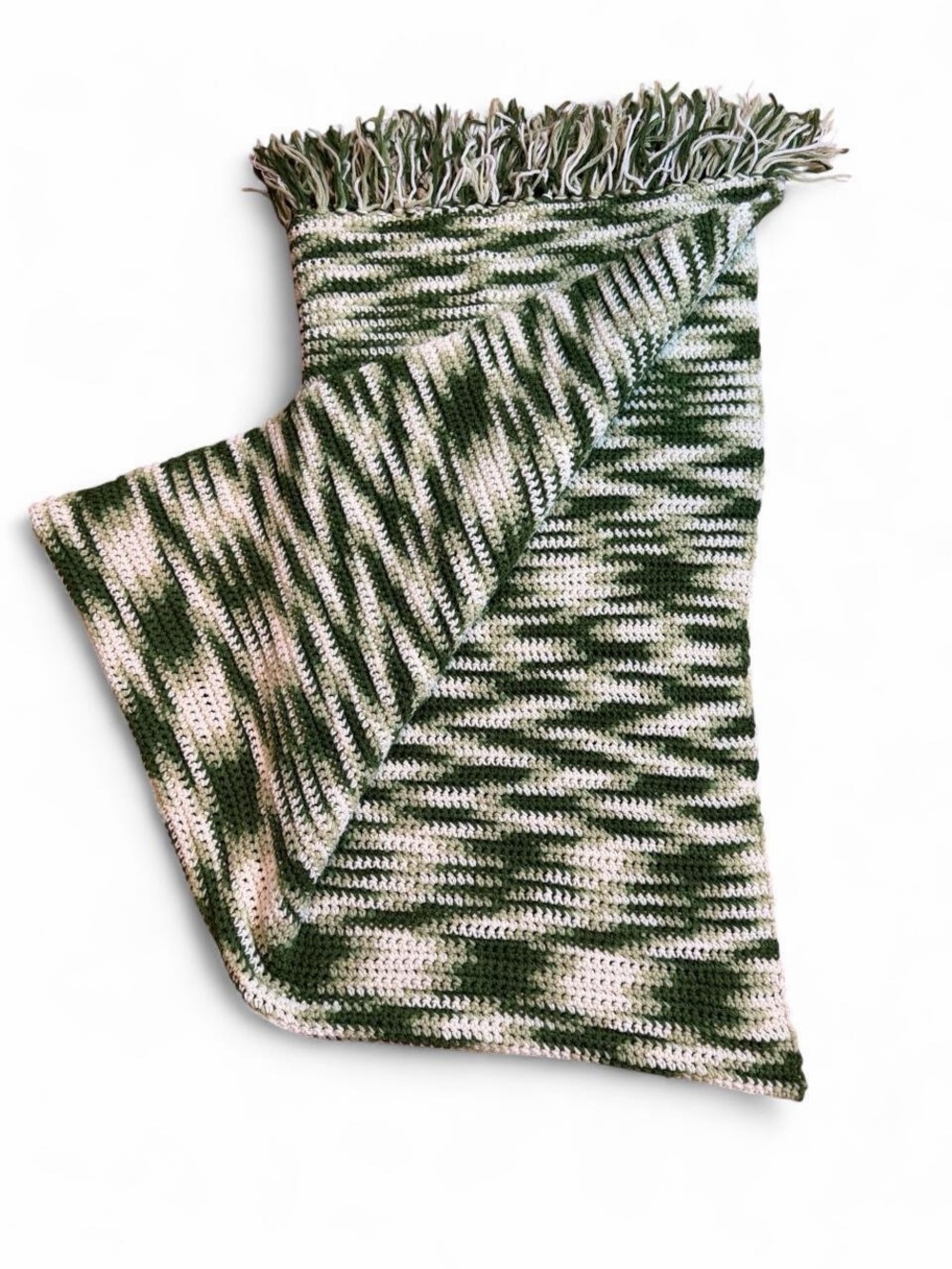 Vintage 70s Handmade Fringe Throw Blanket Green/Cream